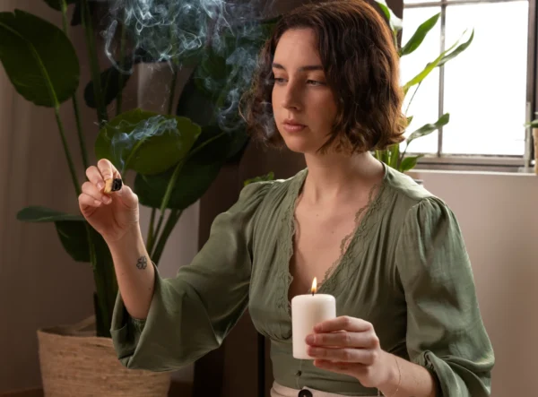 A woman meditating in a tropical garden during her Ayahuasca journey in Miami at Patch of Heaven Sanctuary.
